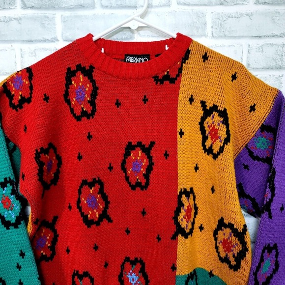 Vintage Fabriano Colorblock‎ Floral Sweater 90s Bold Geometric Knit Unisex - Picture 3 of 8